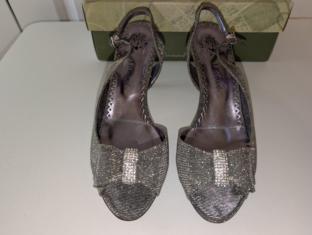 J. Renee Dayna Pewter Glimmer Fabric Slingback Heels Rhinestone Bow Women's 9.5M